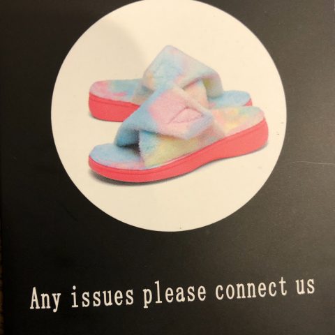 Slipper tag that has a photo of pink and blue slippers, with the text, Any issues please connect us