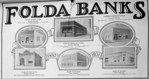 Advertising flyer for the six Folda Banks, titled 'Folda Banks', with a black and white photo of each