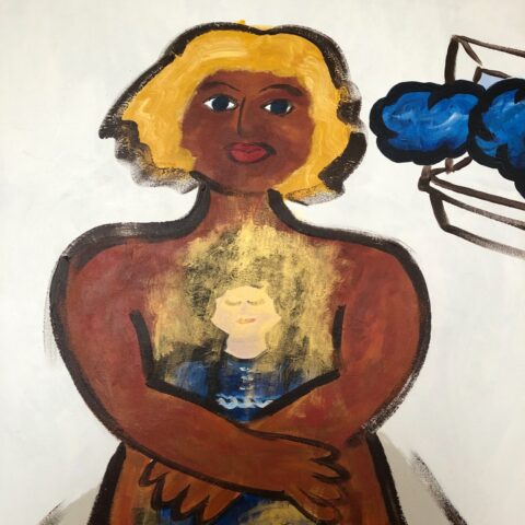 painting of a woman holding a child protectively