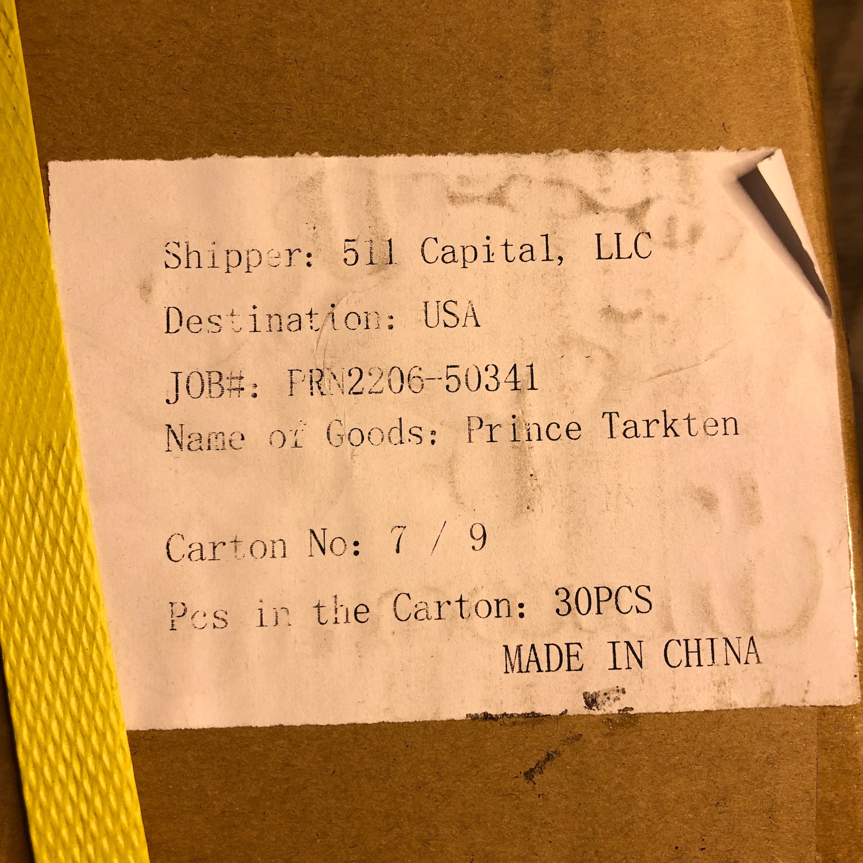 Box label showing Prince Tarkten, shipped from China