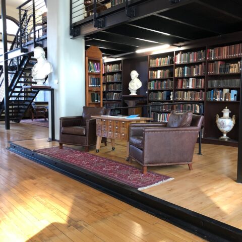 The leather chairs in the Mercantile Library where Pureval and Sorkin sat, now empty
