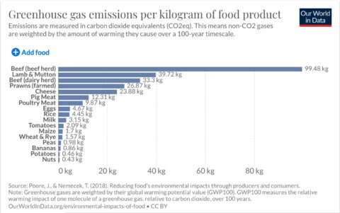 Chart showing greenhouse gases by food type