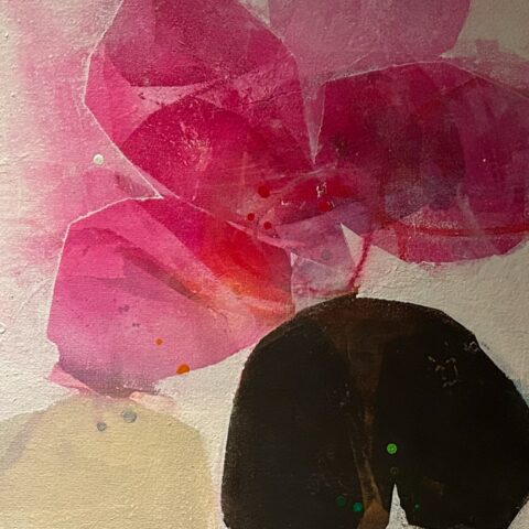 Abstract painting of pink, brown, and cream colored flower petals