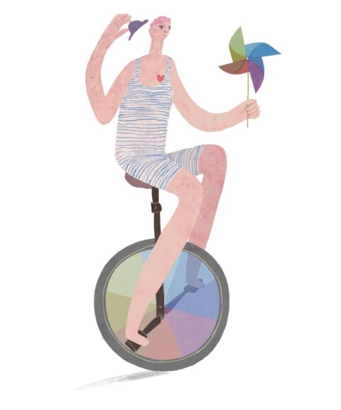A rider on a unicycle. The wheel of the unicycle is the StoryWheel.