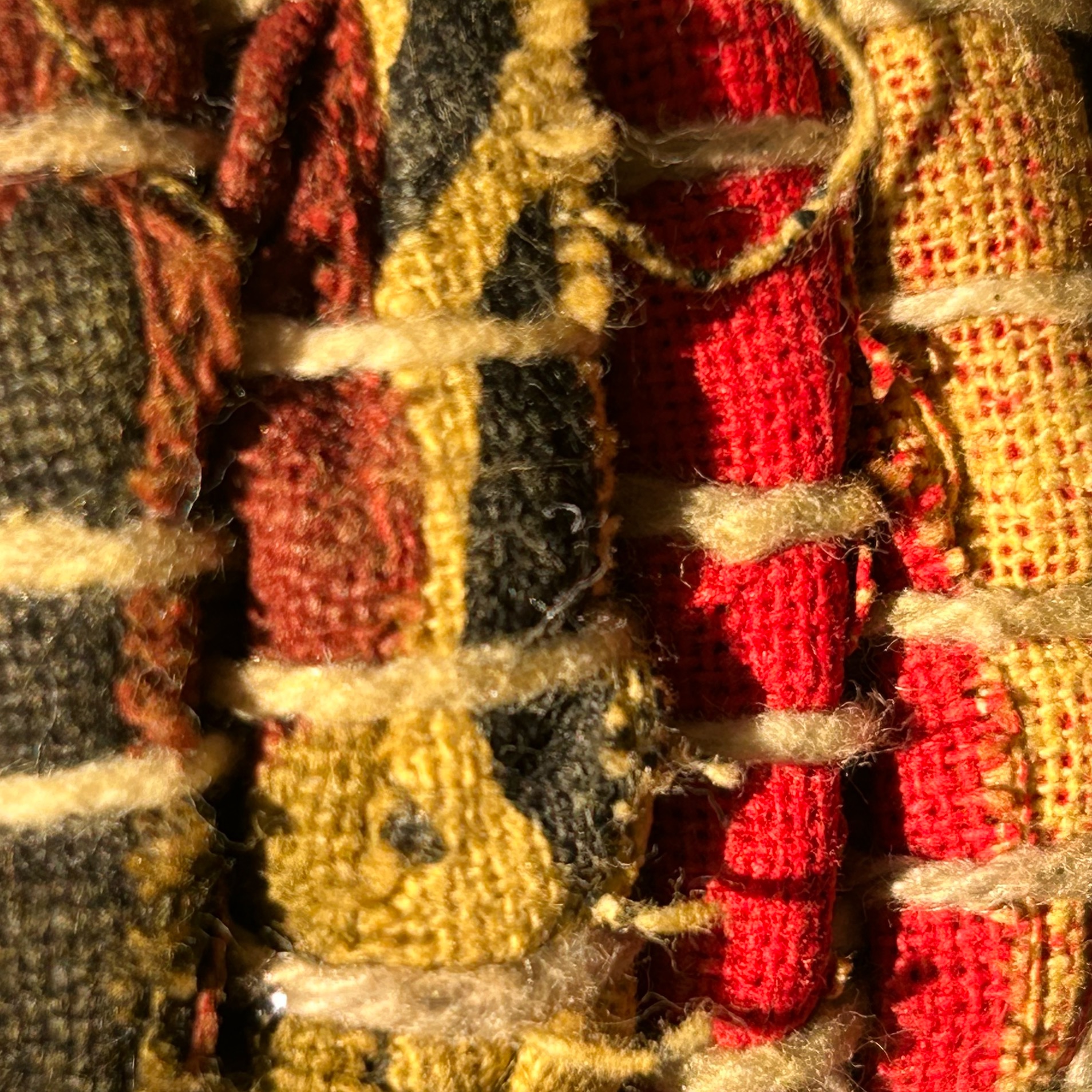 Closeup of woven textile, with threads and cords