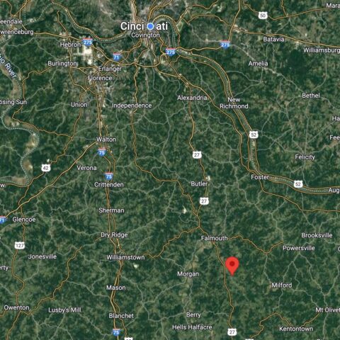 Map showing red Google marker just off Hwy 27, south of Cincinnati